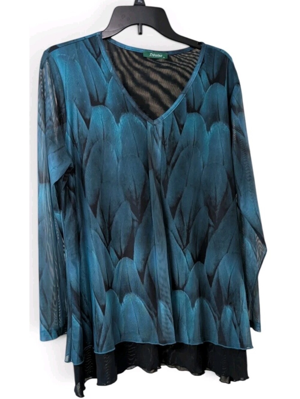 Triratna XL Blue Black Sheer Mesh Tunic Top Feather Print V Neck Layered Hem